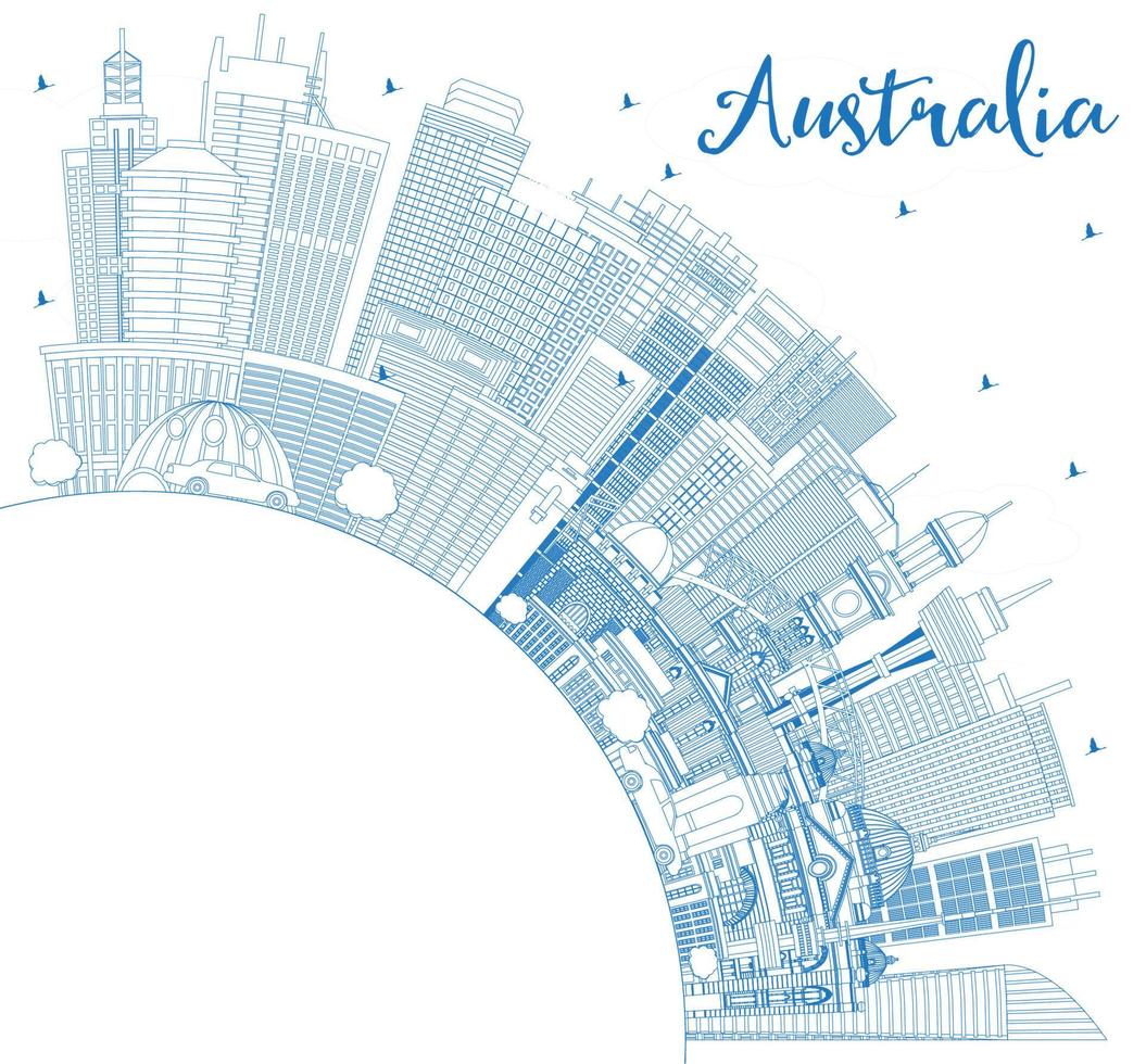 Outline Australia City Skyline with Blue Buildings and Copy Space. vector