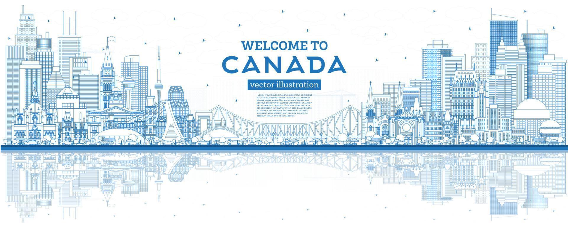 Outline Welcome to Canada City Skyline with Blue Buildings. vector