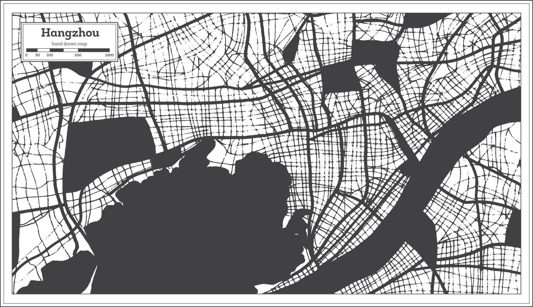 mapa de la ciudad china de hangzhou en color blanco y negro en estilo retro. esquema del mapa. vector