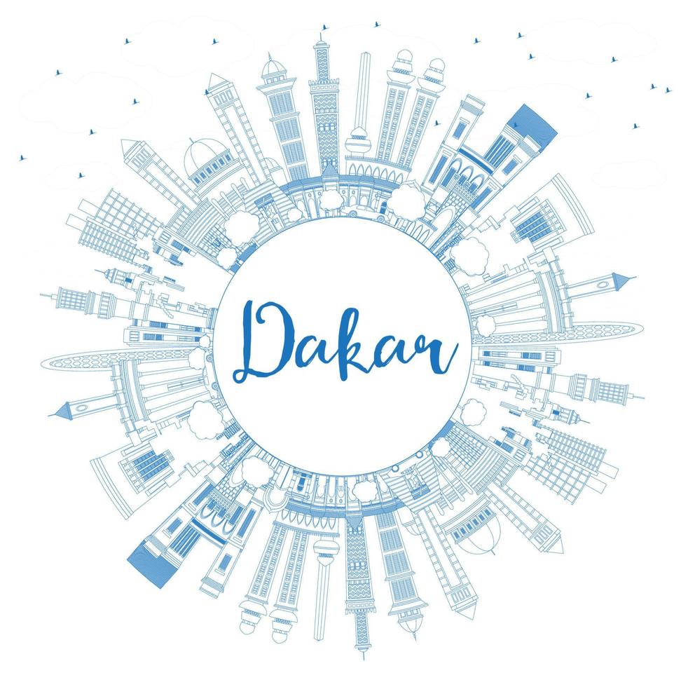 Outline Dakar Senegal City Skyline with Blue Buildings and Copy Space. vector