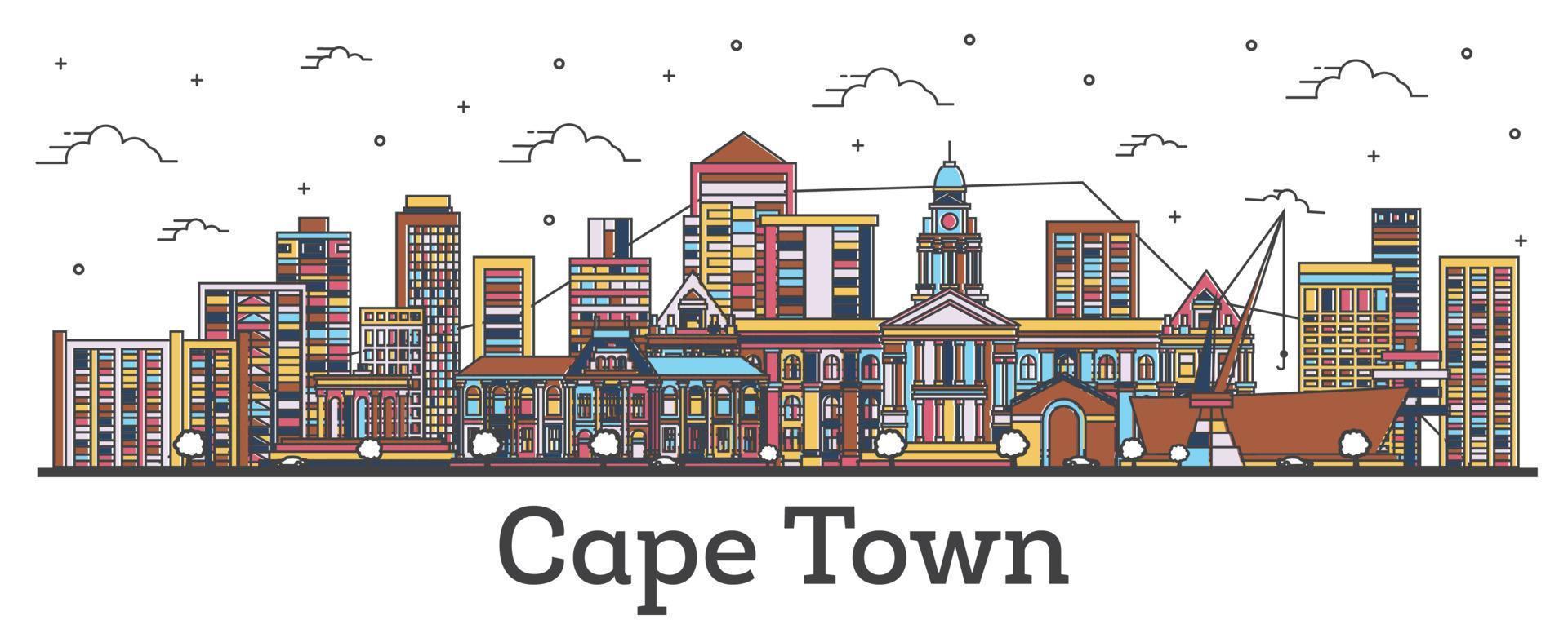 Outline Cape Town South Africa City Skyline with Color Buildings Isolated on White. vector