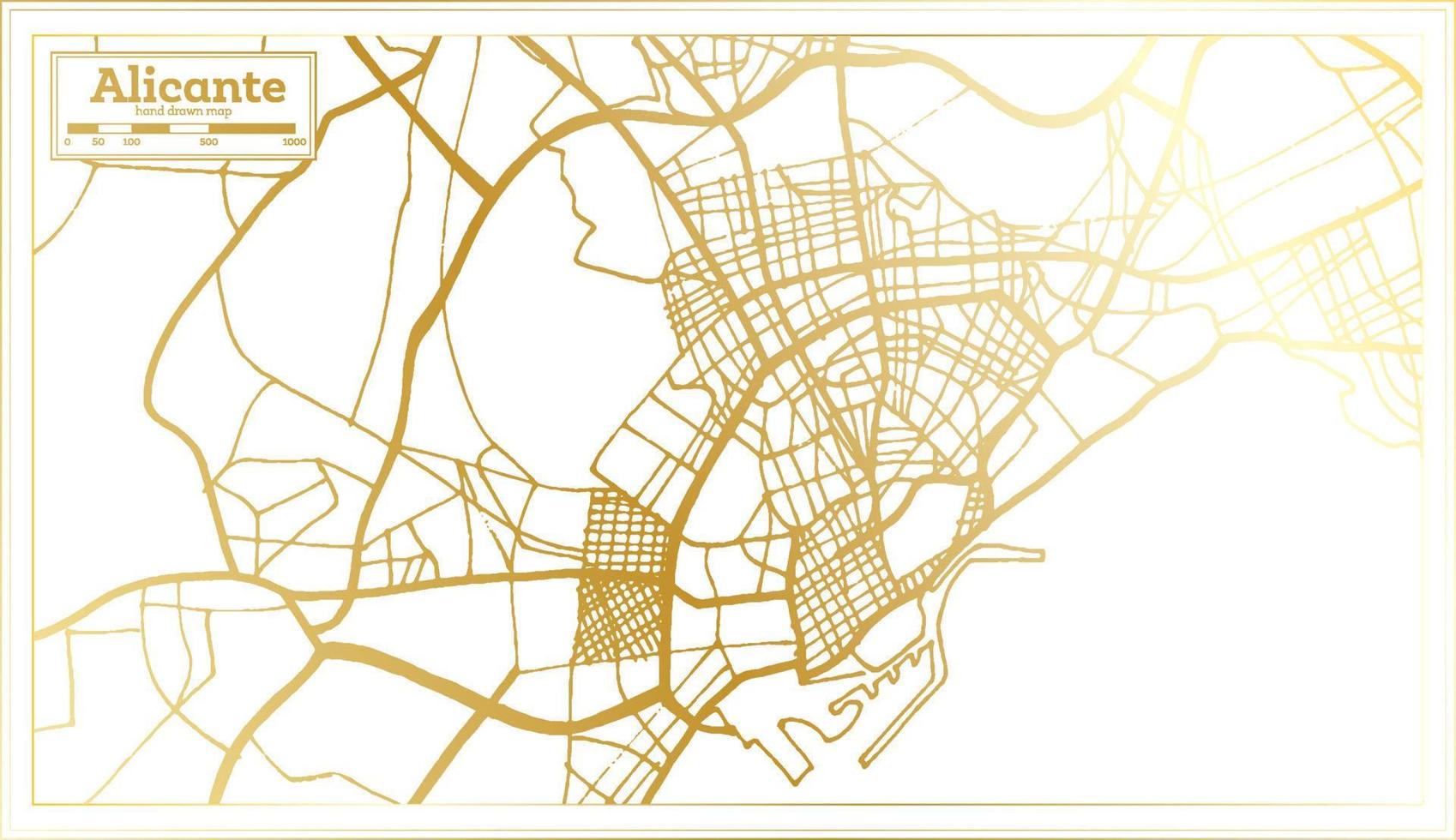 Alicante Spain City Map in Retro Style in Golden Color. Outline Map. vector