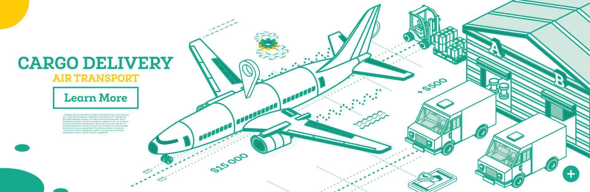 Cargo Delivery by Airplane. Outline Isometric Global Logistics Network. Warehouse in Airport. vector