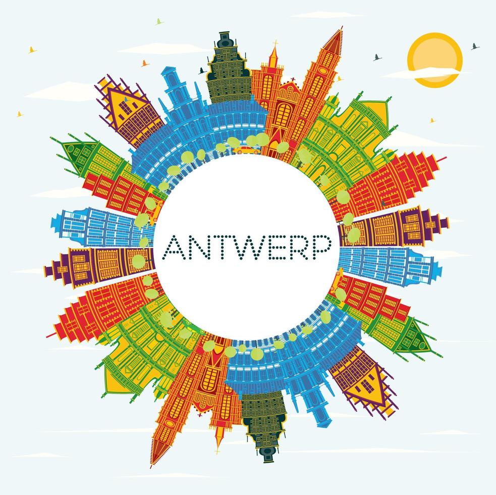 horizonte de la ciudad de amberes bélgica con edificios de color, cielo azul y espacio de copia. vector