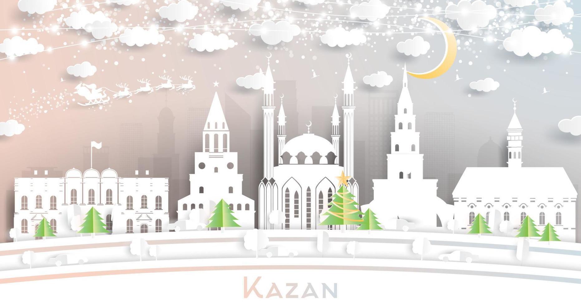 horizonte de la ciudad de kazan rusia en estilo de corte de papel con copos de nieve, luna y guirnalda de neón. vector