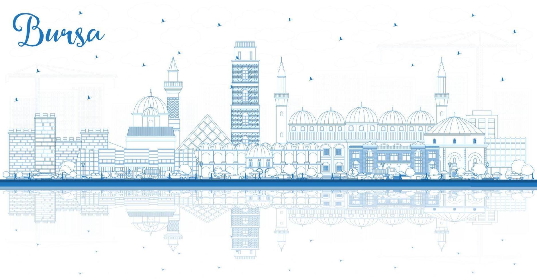 Outline Bursa Turkey City Skyline with Blue Buildings and Reflections. vector