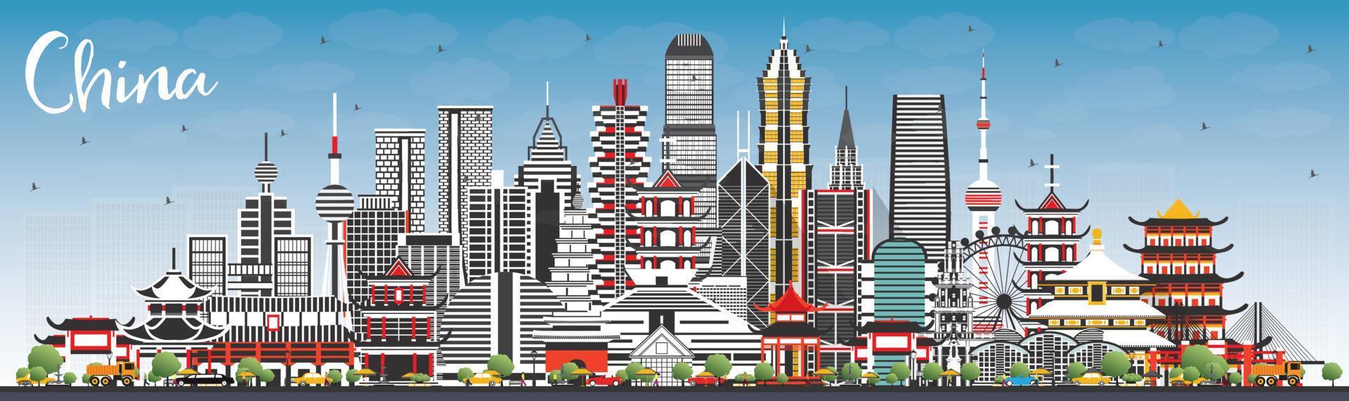 China City Skyline with Gray Buildings and Blue Sky. Famous Landmarks in China. vector