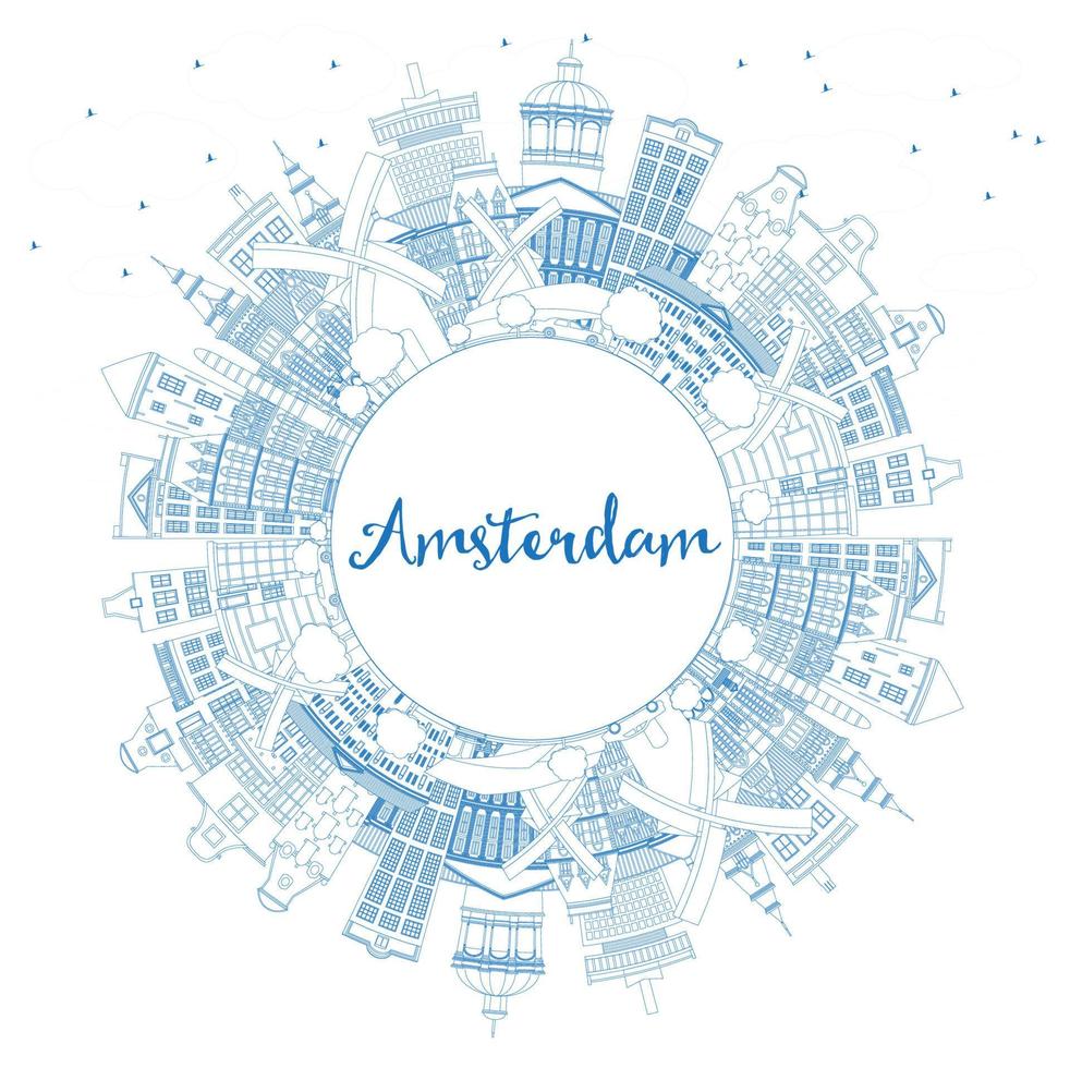 delinee el horizonte de la ciudad de amsterdam holanda con edificios azules y copie el espacio. vector
