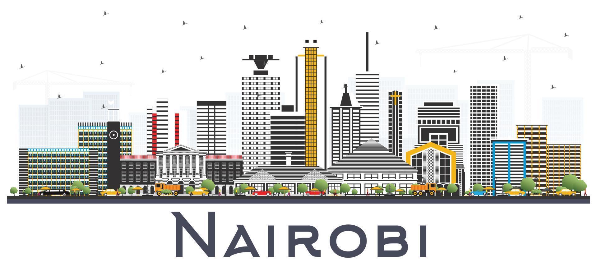 El horizonte de la ciudad de Nairobi, Kenia, con edificios de colores aislados en blanco. vector