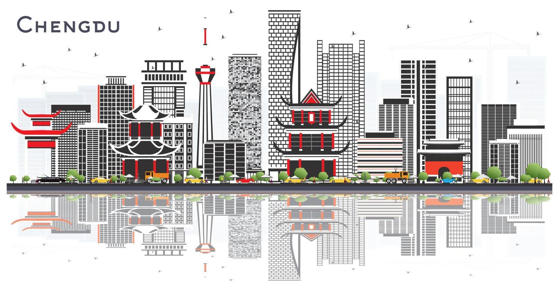 horizonte de chengdu china con edificios grises y reflejos aislados en blanco. vector