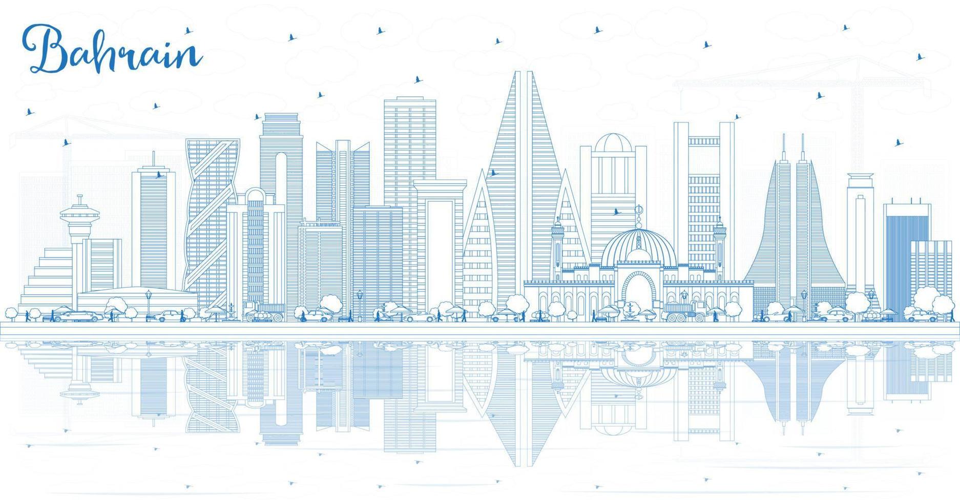 Outline Bahrain City Skyline with Blue Buildings and Reflections. vector