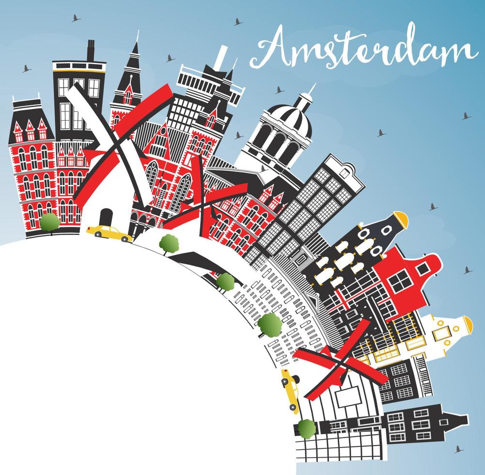 horizonte de la ciudad de amsterdam holanda con edificios de color, cielo azul y espacio de copia. vector