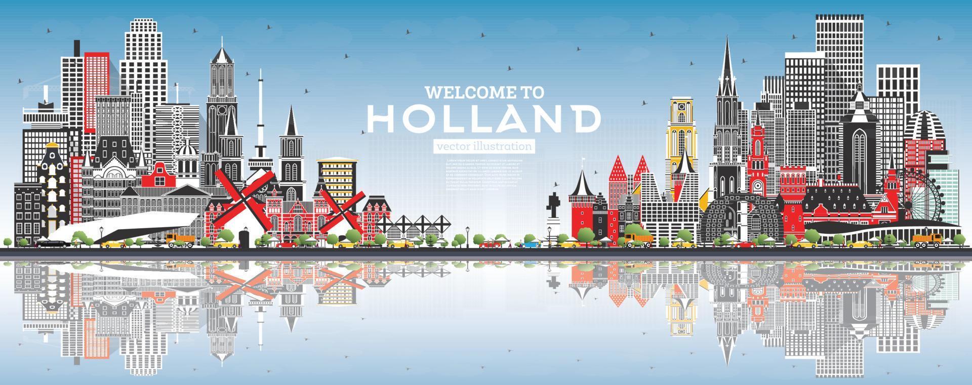 Bienvenido al horizonte de Holanda con edificios grises y cielo azul. vector