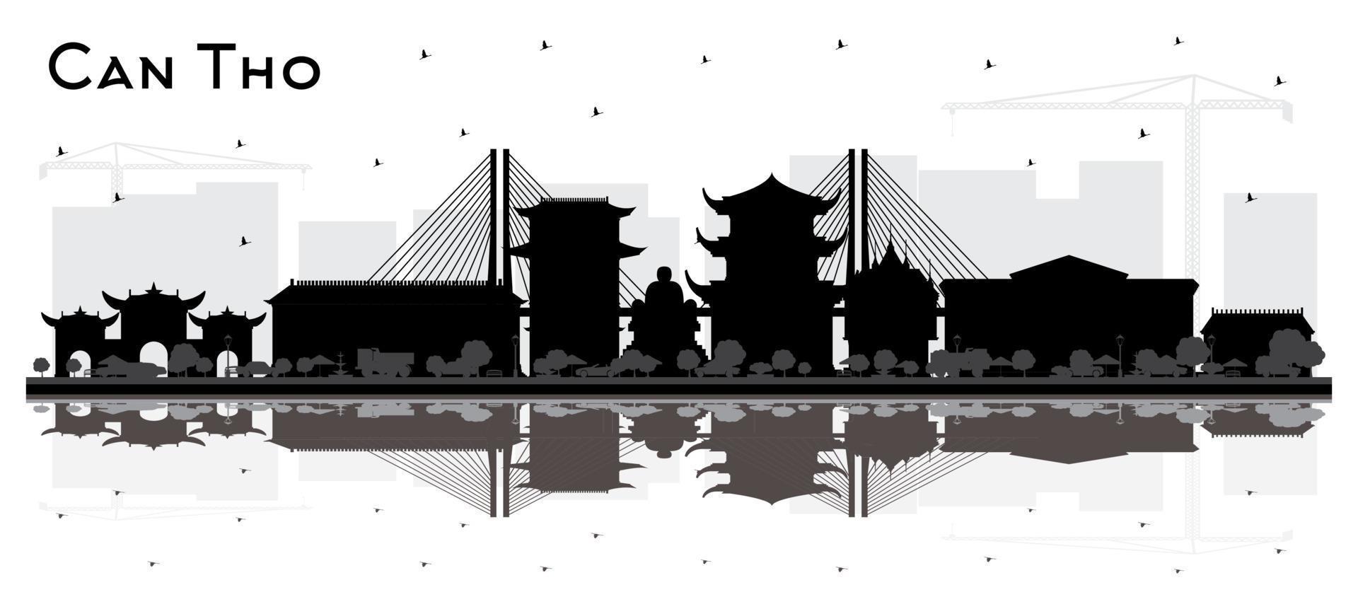 Can Tho Vietnam City Skyline Silhouette with Black Buildings and Reflections Isolated on White. vector