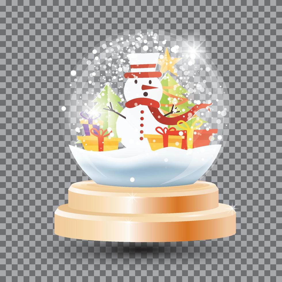 Magic Christmas Crystal Ball with Snowman, Gift Boxes and Fir Tree. vector