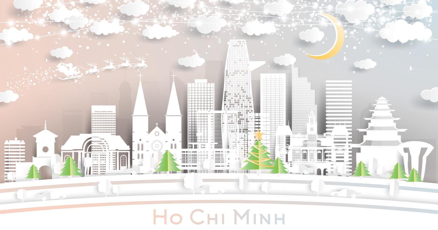 horizonte de la ciudad de ho chi minh vietnam en estilo de corte de papel con copos de nieve, luna y guirnalda de neón. vector