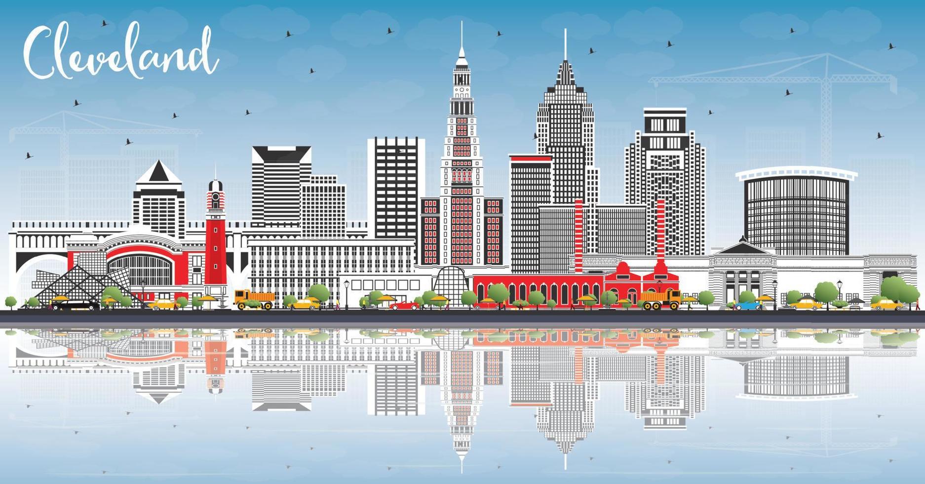 Cleveland Ohio City Skyline with Color Buildings, Blue Sky and Reflections. vector