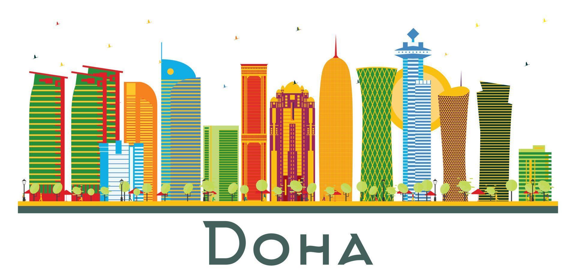 horizonte de la ciudad de doha qatar con edificios de color aislados en blanco. vector