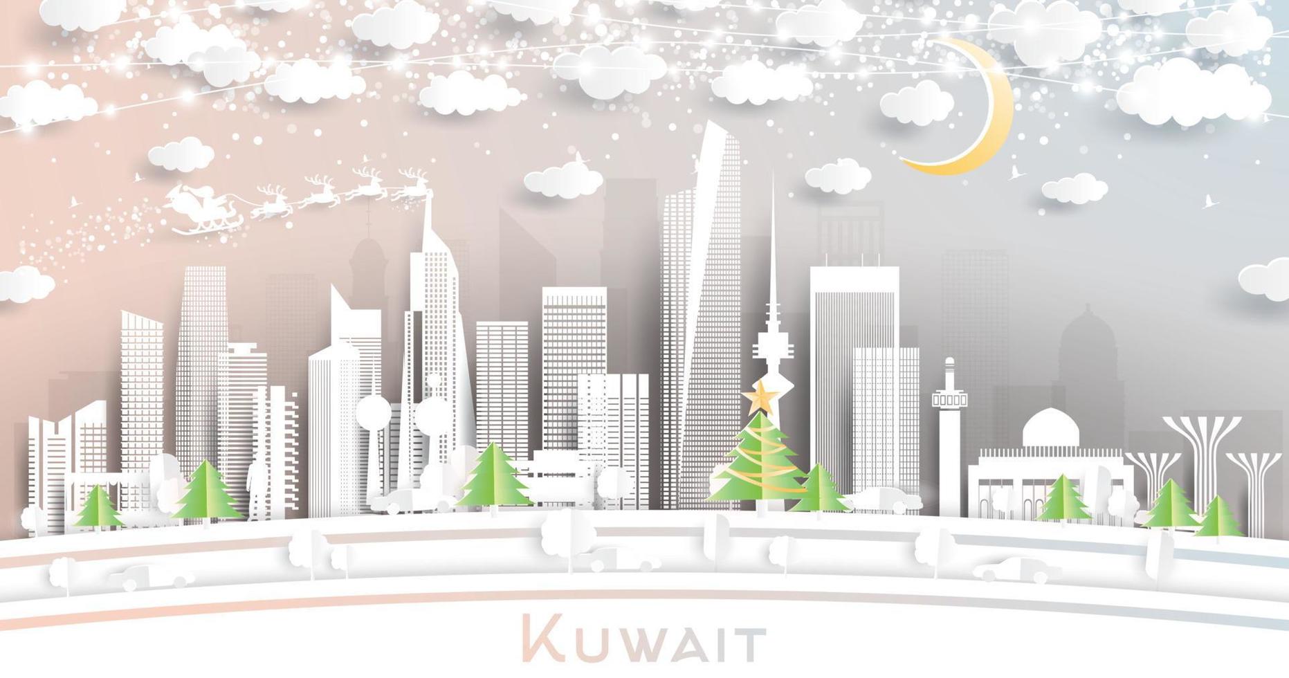 horizonte de la ciudad de kuwait en estilo de corte de papel con copos de nieve, luna y guirnalda de neón. vector