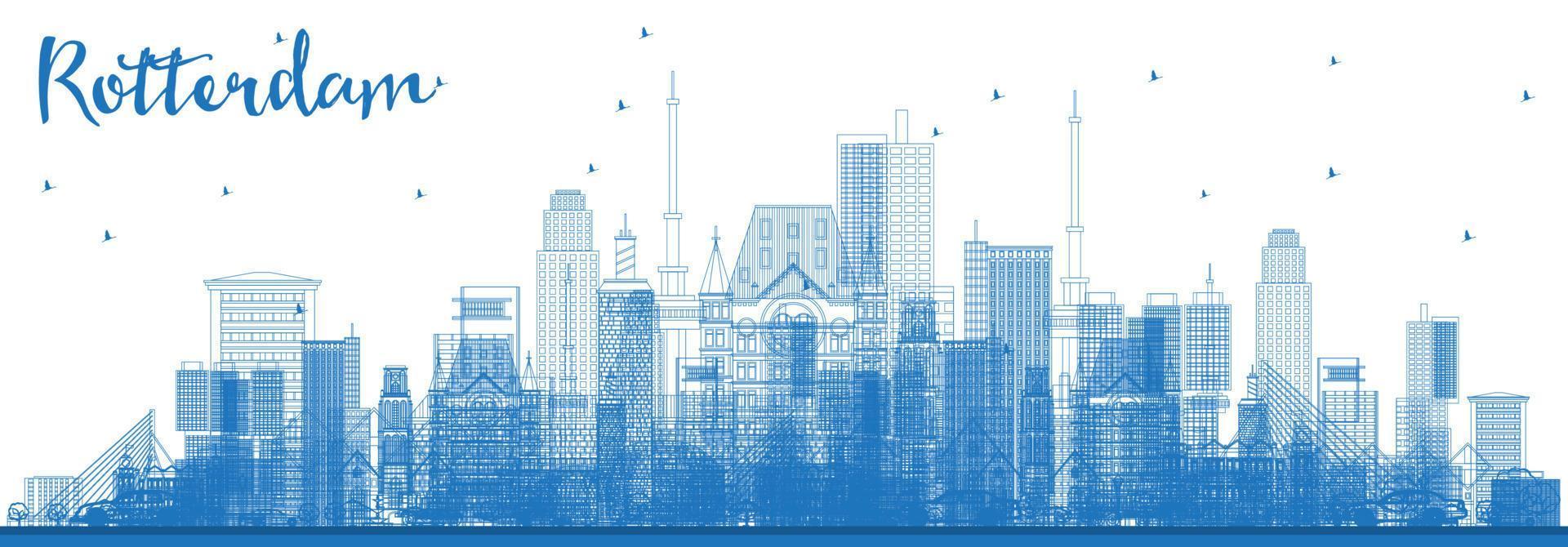 Outline Rotterdam Netherlands Skyline with Blue Buildings. vector