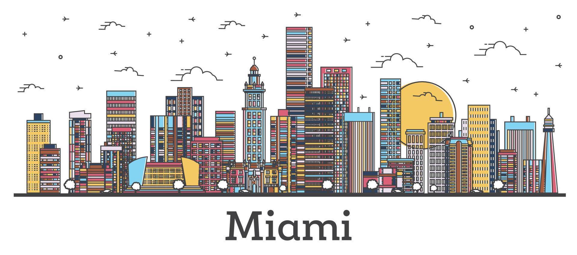 Outline Miami Florida City Skyline with Color Buildings Isolated on White. vector