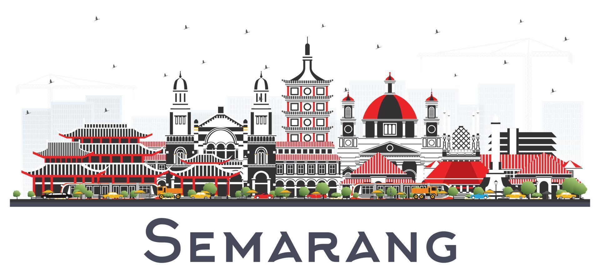 Semarang Indonesia City Skyline with Color Buildings Isolated on White. vector