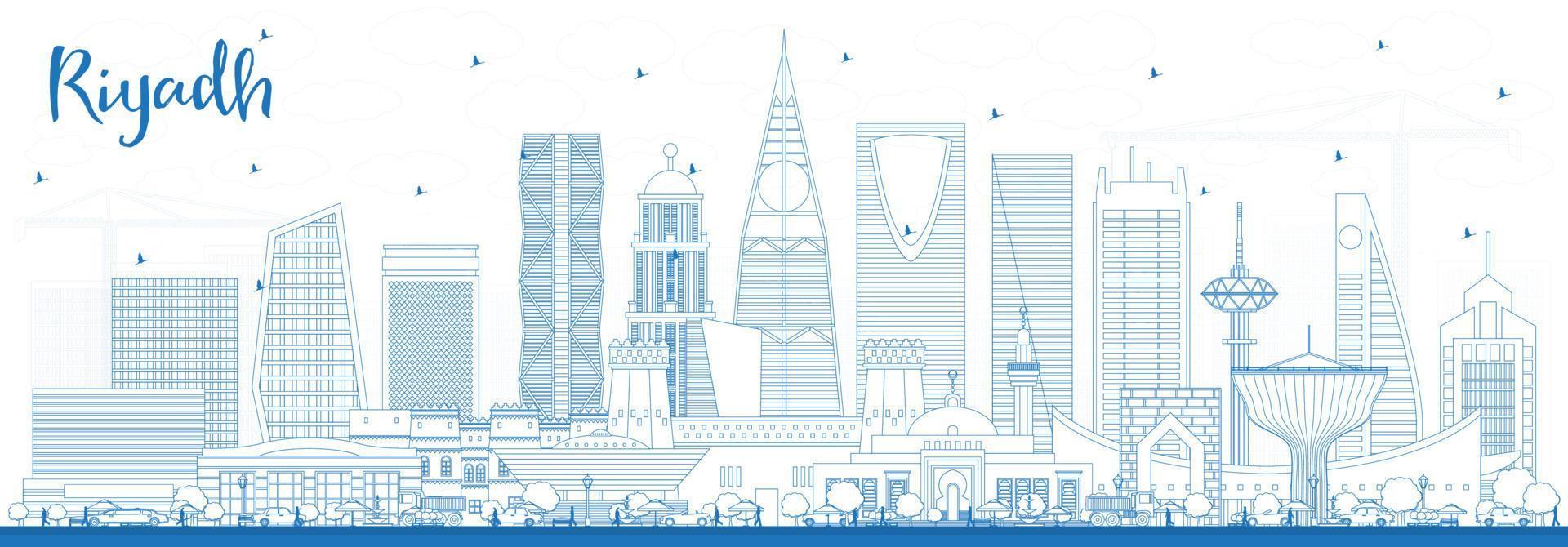 Outline Riyadh Saudi Arabia City Skyline with Blue Buildings. vector