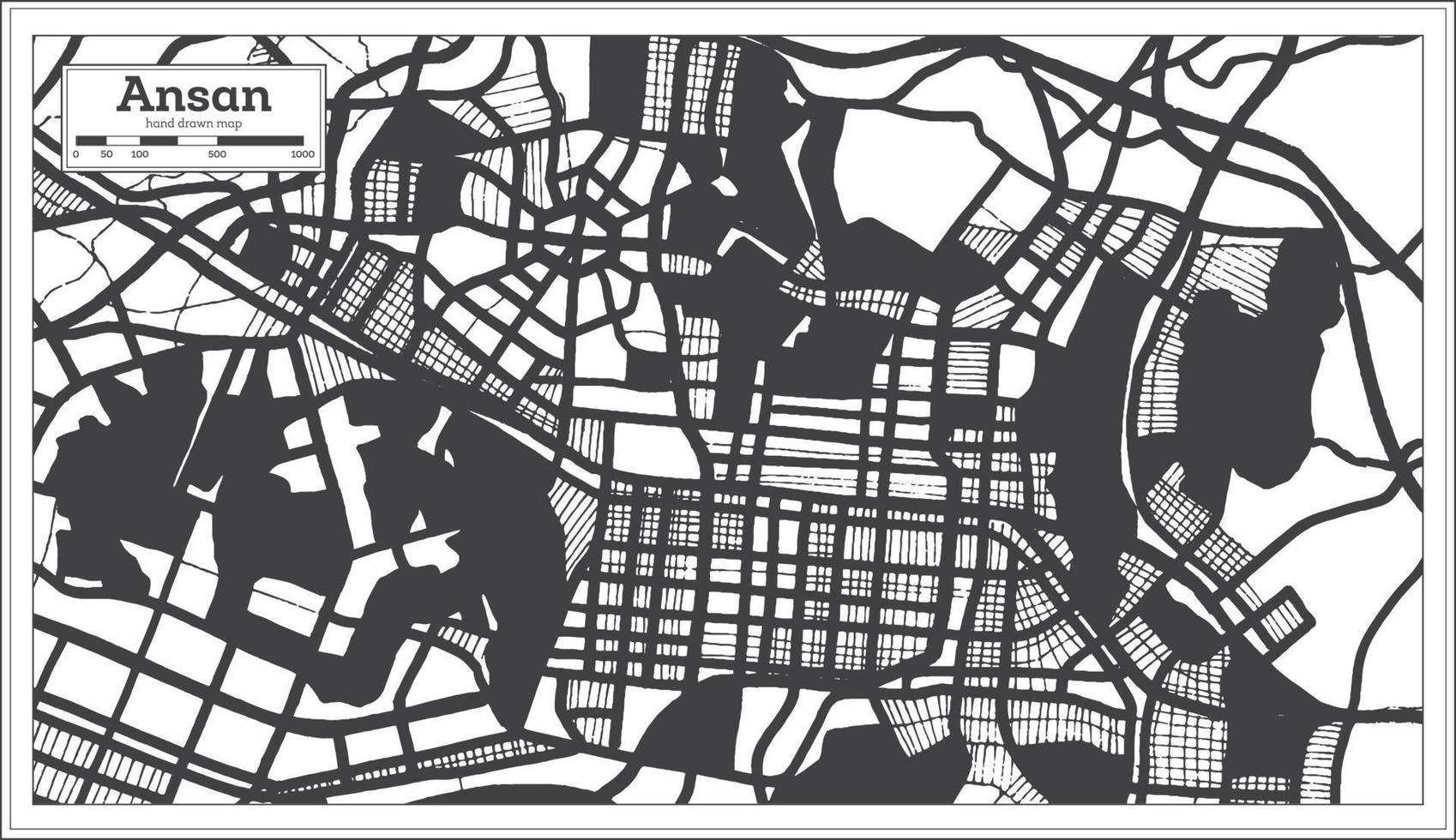 ansan mapa de la ciudad de corea del sur en color blanco y negro en estilo retro. vector