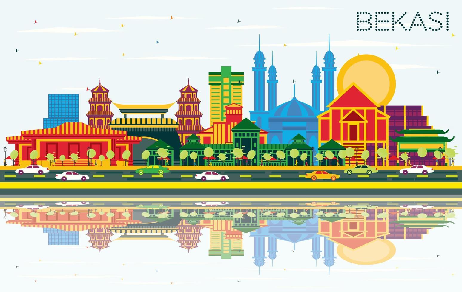 Bekasi Indonesia City Skyline with Color Buildings, Blue Sky and Reflections. vector