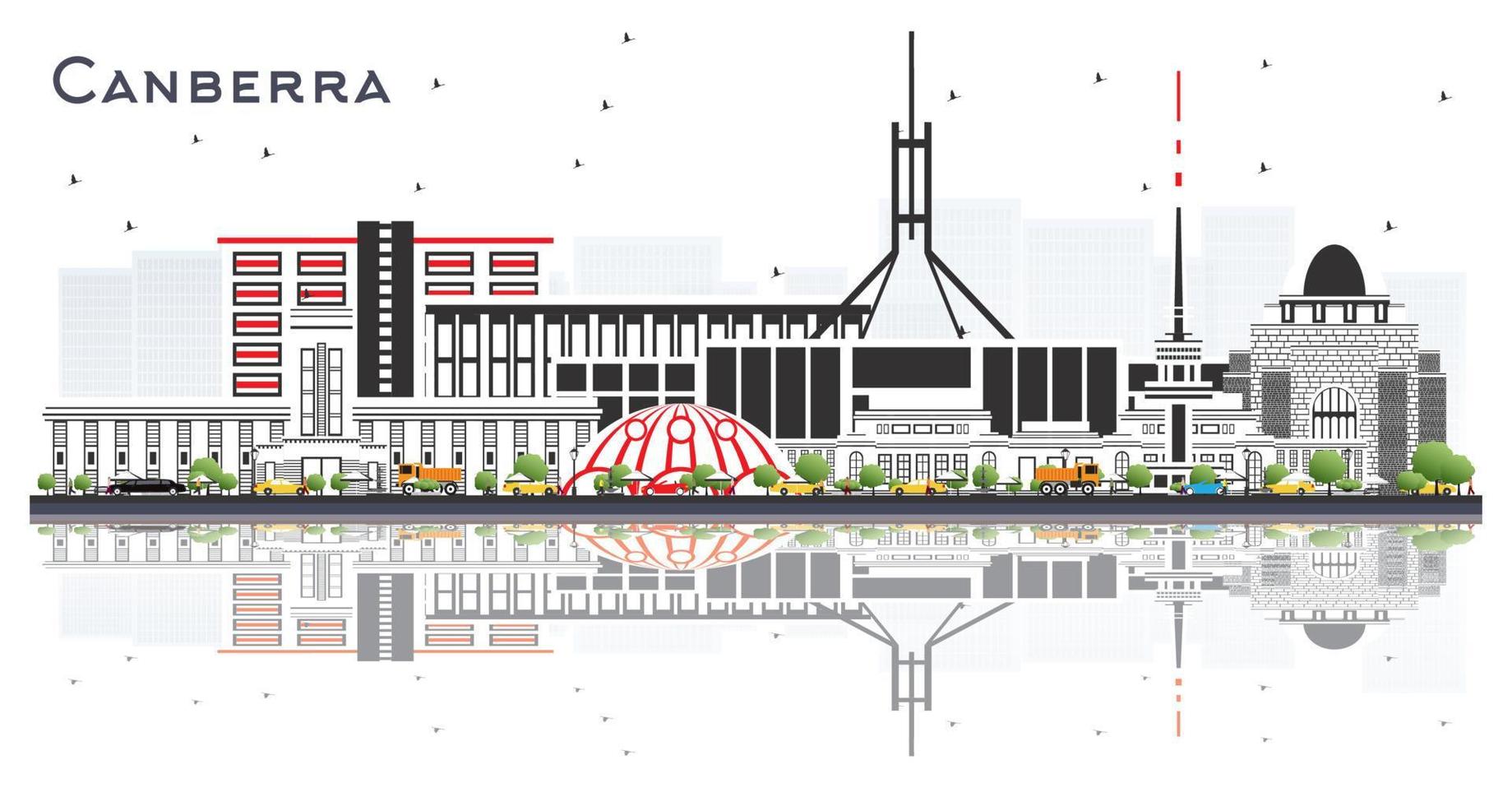 horizonte de la ciudad de canberra australia con edificios grises y reflejos aislados en blanco. vector