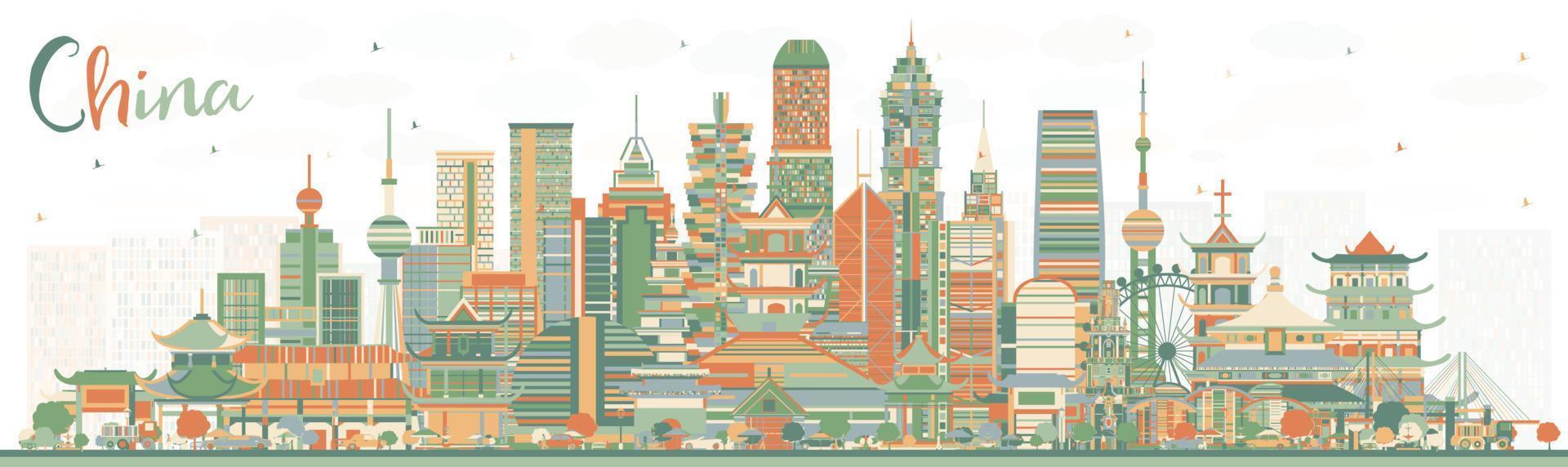China City Skyline with Color Buildings. Famous Landmarks in China. vector