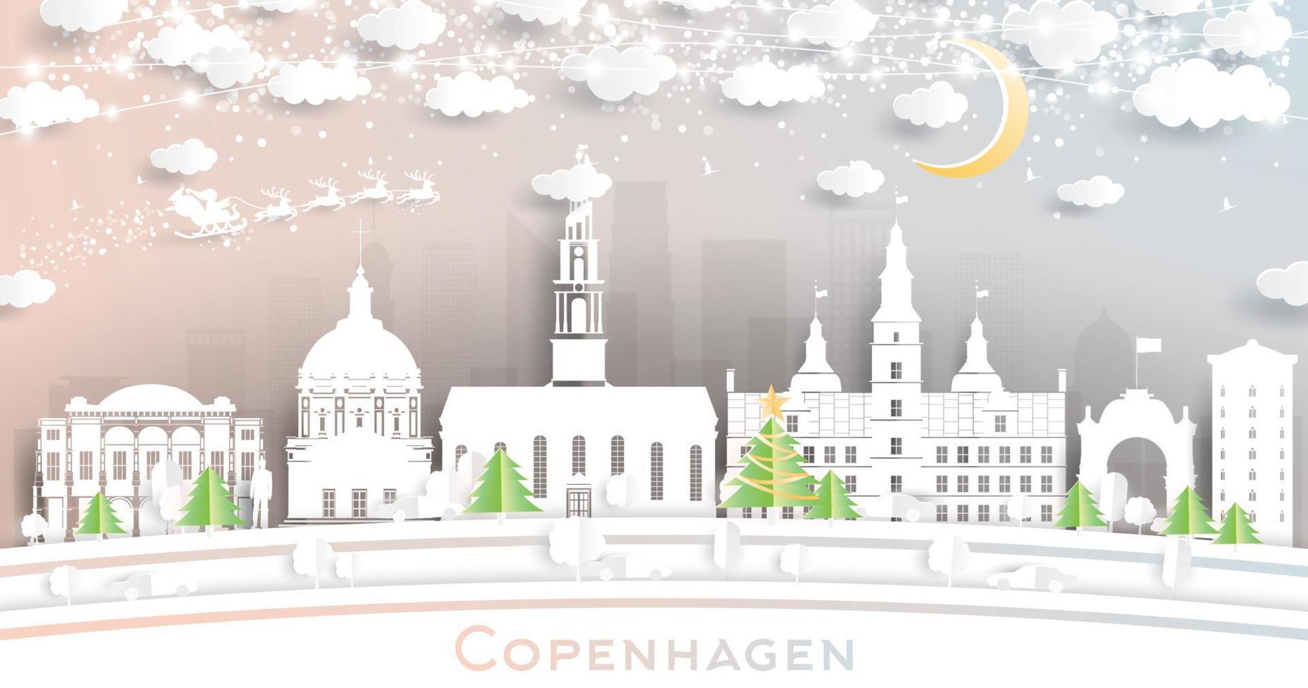 horizonte de la ciudad de copenhague dinamarca en estilo de corte de papel con copos de nieve, luna y guirnalda de neón. vector