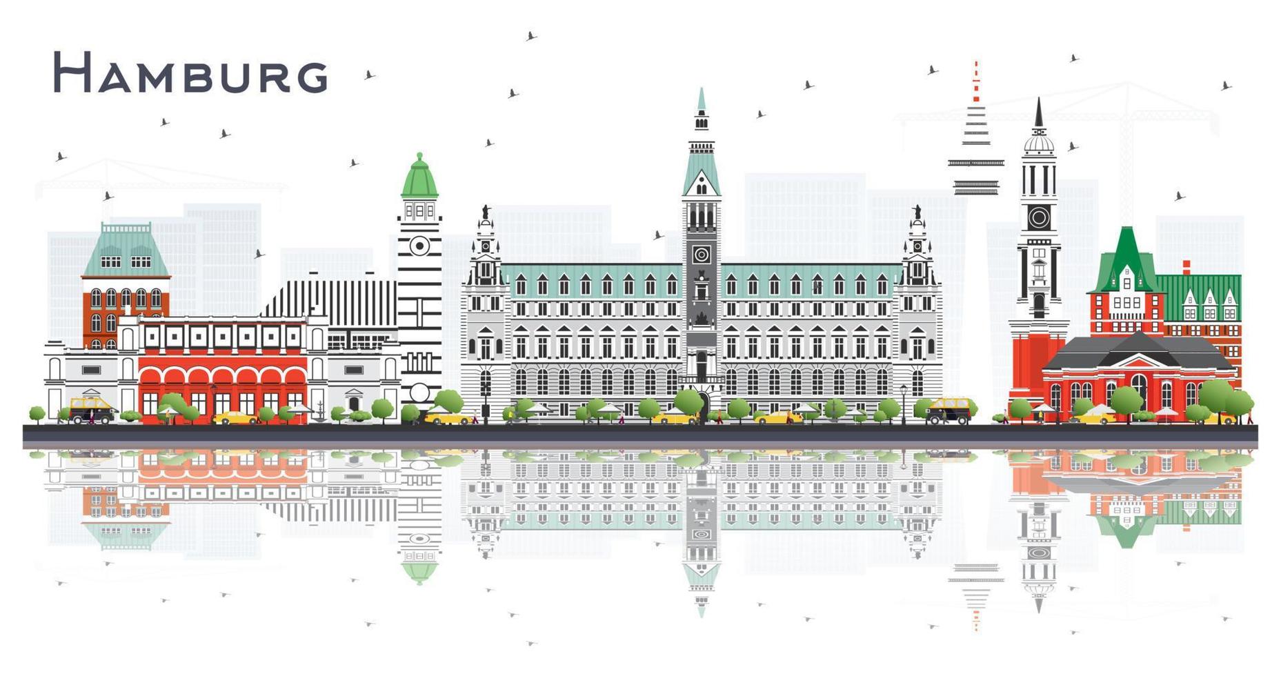 el horizonte de la ciudad de hamburgo, alemania, con edificios grises y reflejos aislados en blanco. vector