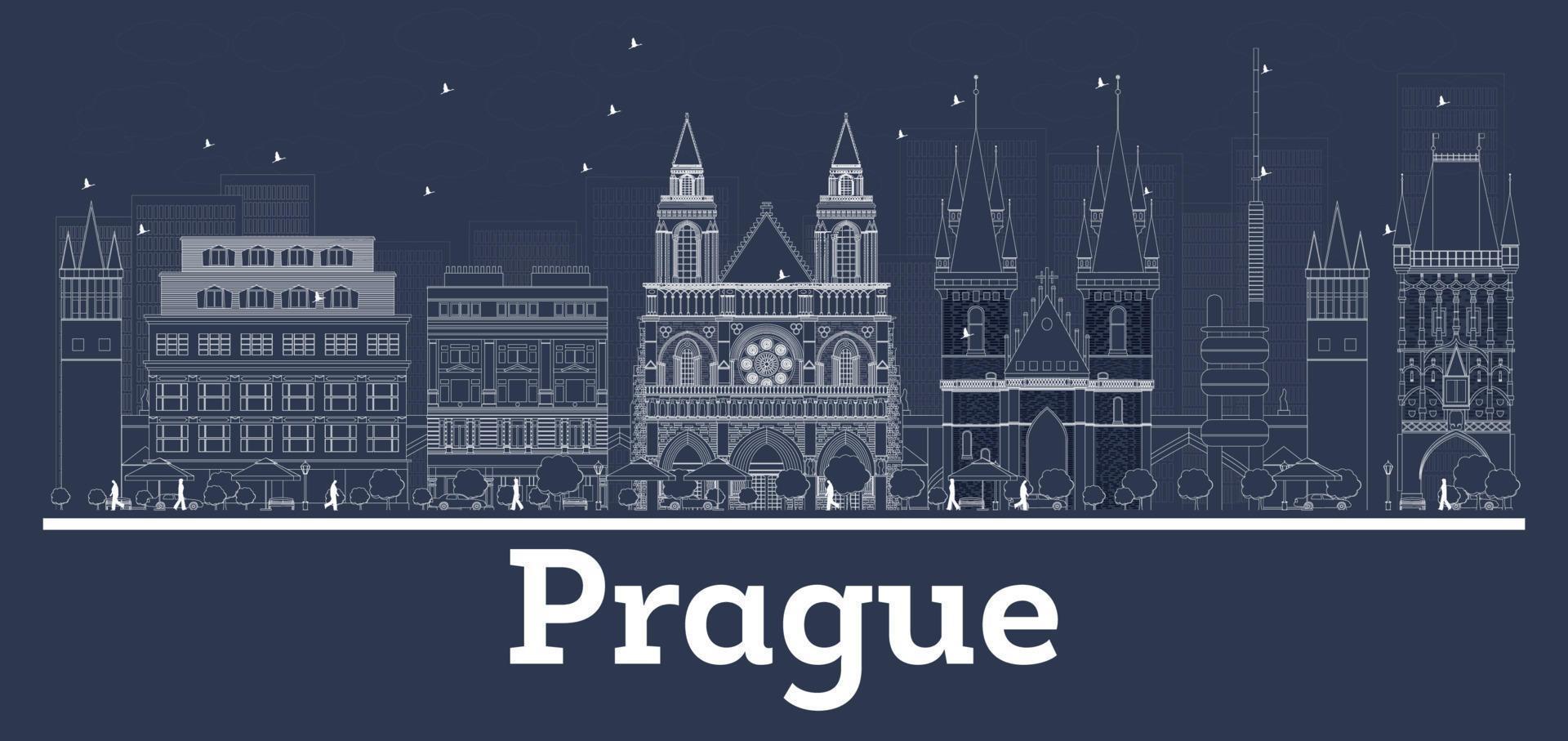 Outline Prague Czech Republic City Skyline with White Buildings. vector