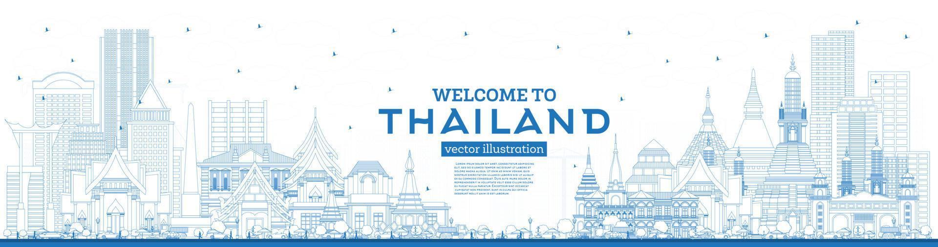 esquema bienvenido al horizonte de la ciudad de tailandia con edificios azules. vector