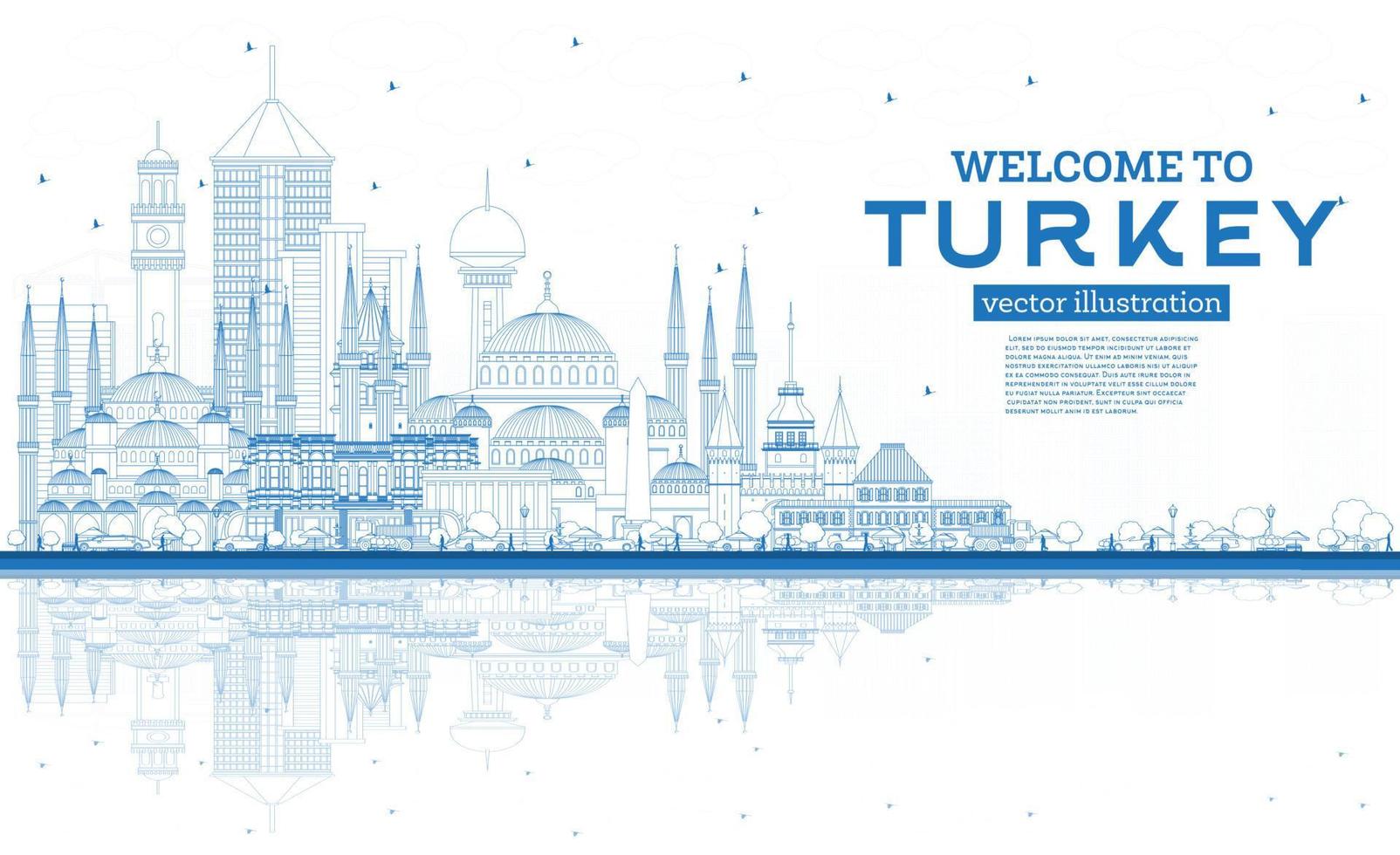 Outline Welcome to Turkey Skyline with Blue Buildings and Reflections. vector