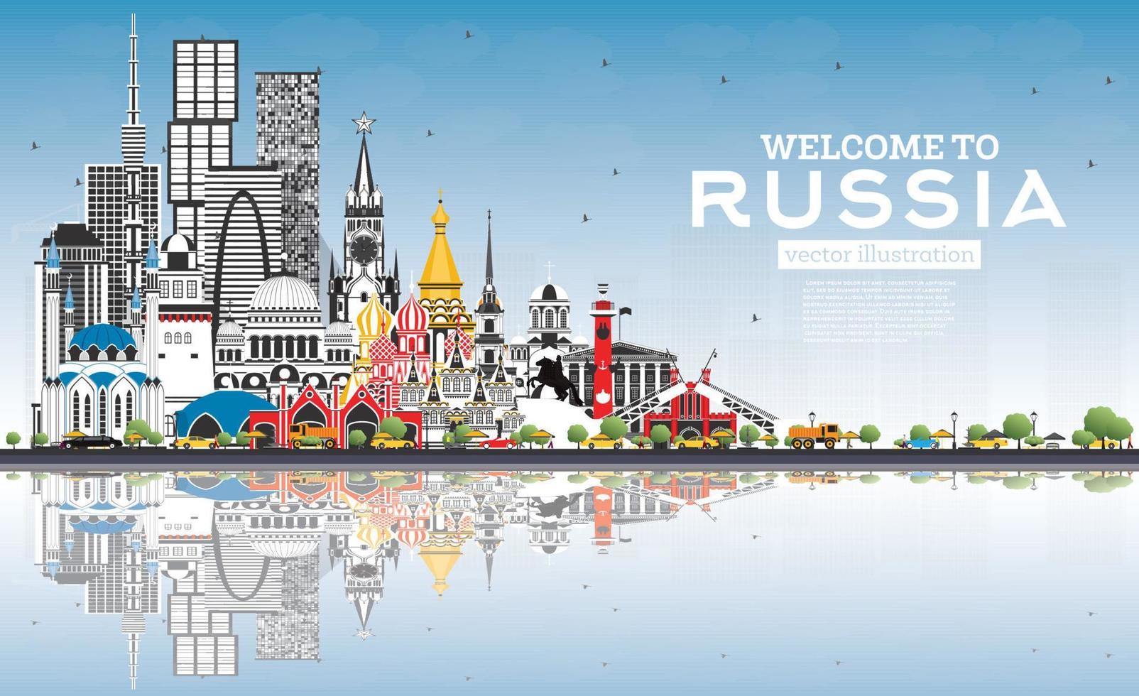 Welcome to Russia Skyline with Gray Buildings and Blue Sky. vector