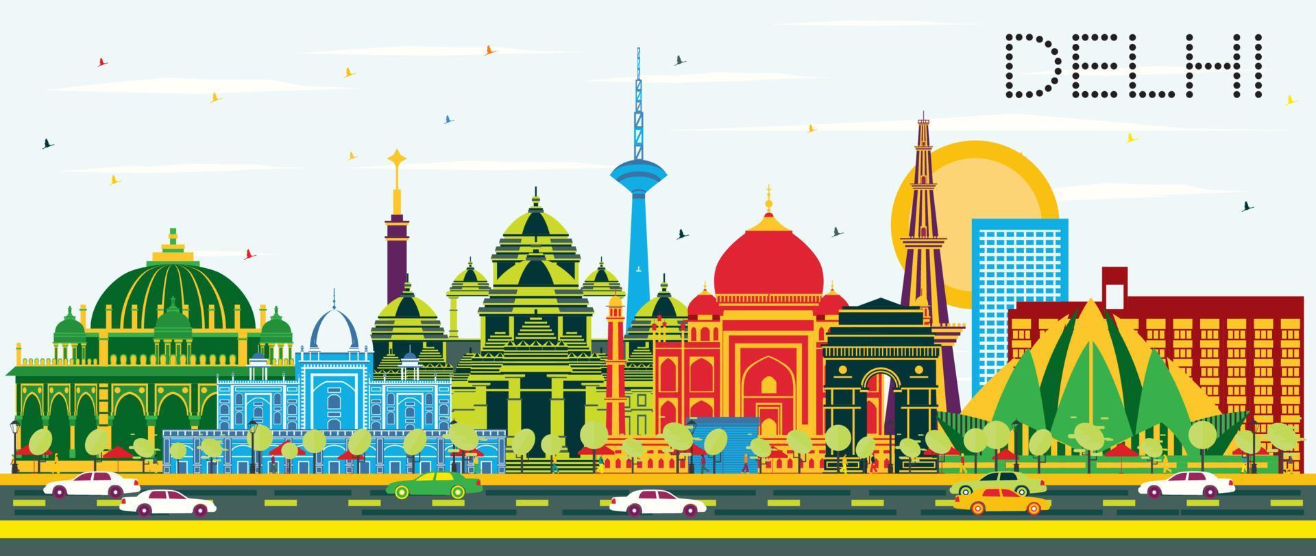 Delhi India City Skyline with Color Buildings and Blue Sky. vector