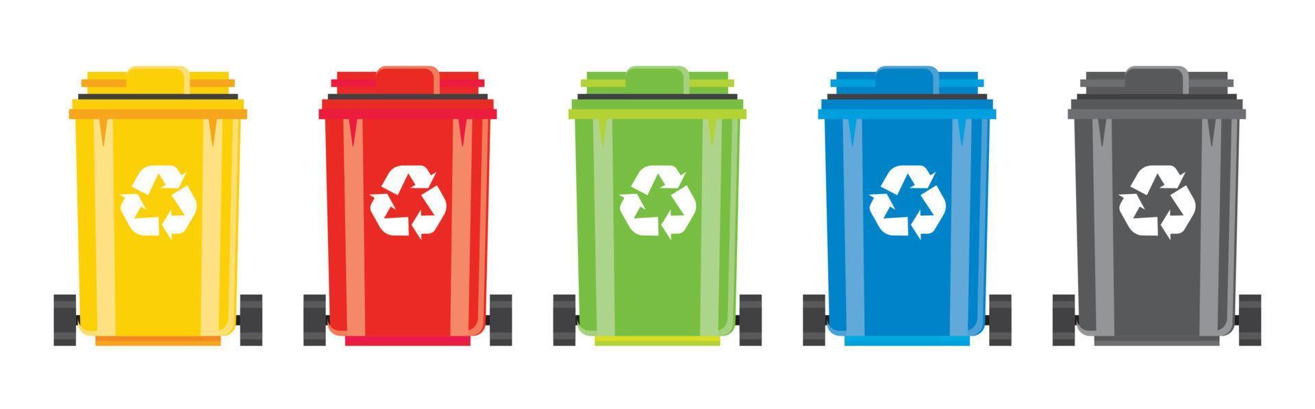 conjunto de papeleras de reciclaje con símbolo de reciclaje aislado sobre fondo blanco. vector