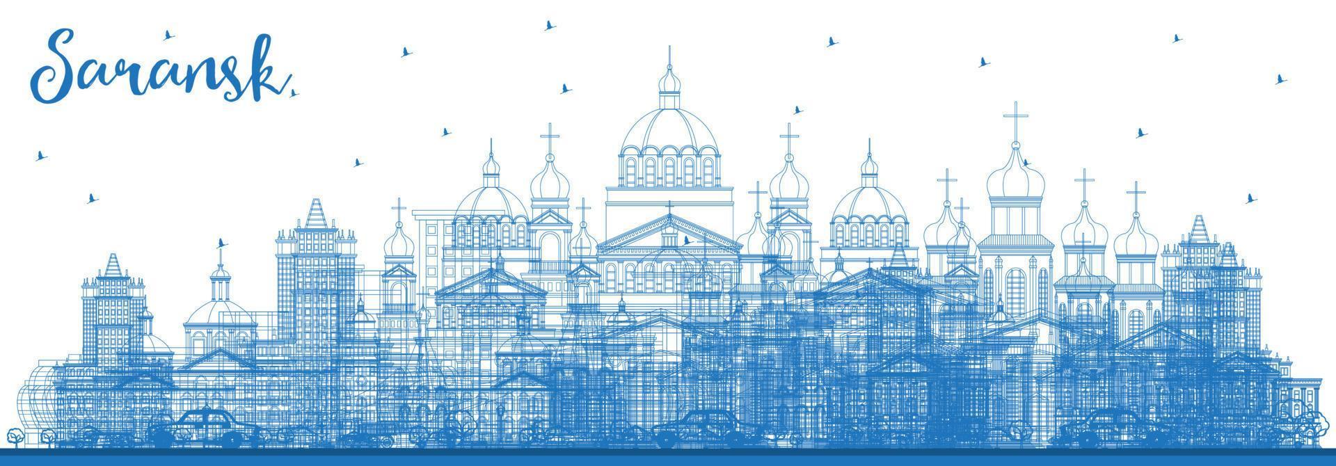 Outline Saransk Russia City Skyline with Blue Buildings. vector