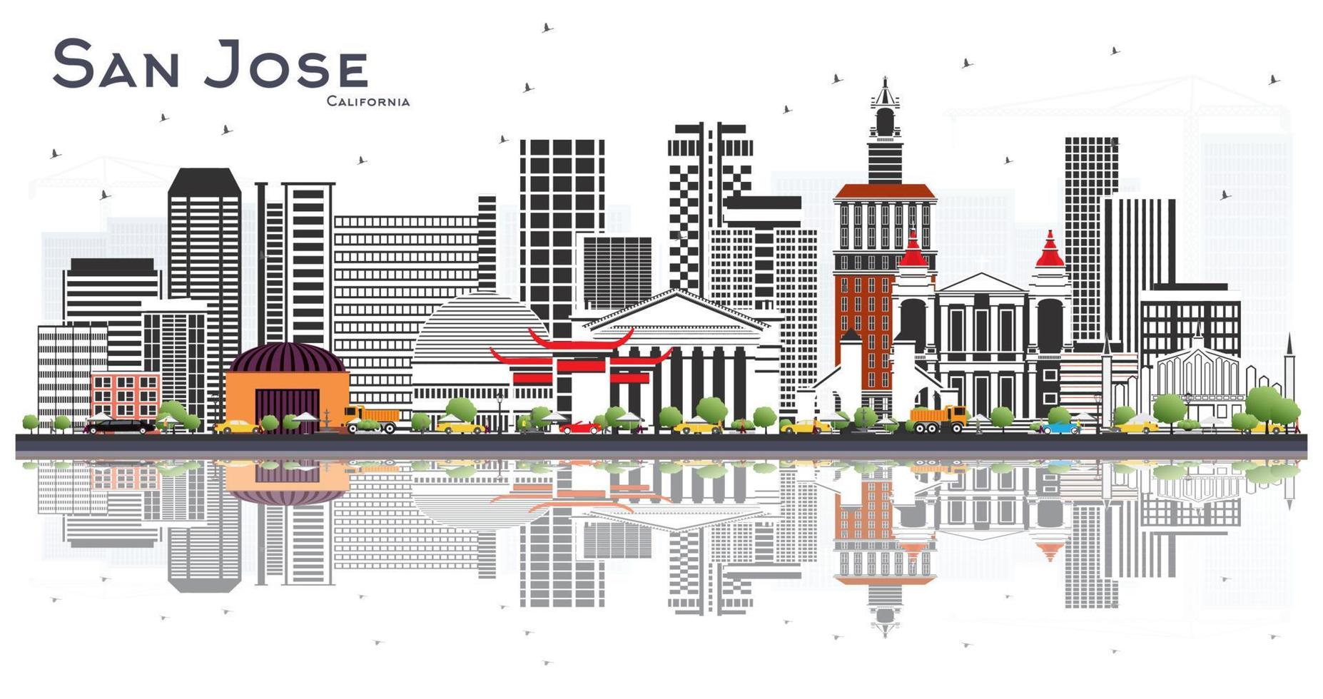 San Jose California Skyline with Gray Buildings and Reflections Isolated on White. vector