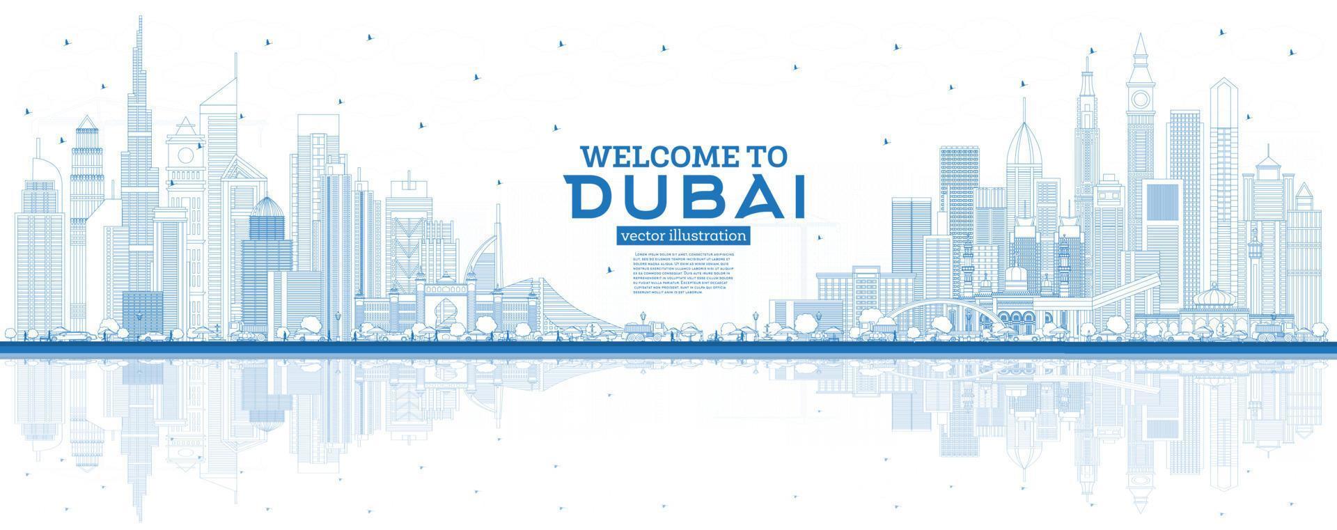 Outline Welcome to Dubai UAE Skyline with Blue Buildings and Reflections. vector