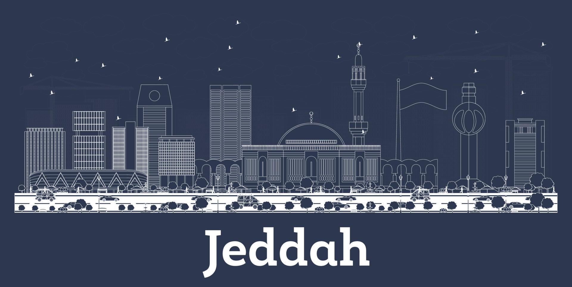 esbozar el horizonte de la ciudad de jeddah, arabia saudita, con edificios blancos. vector