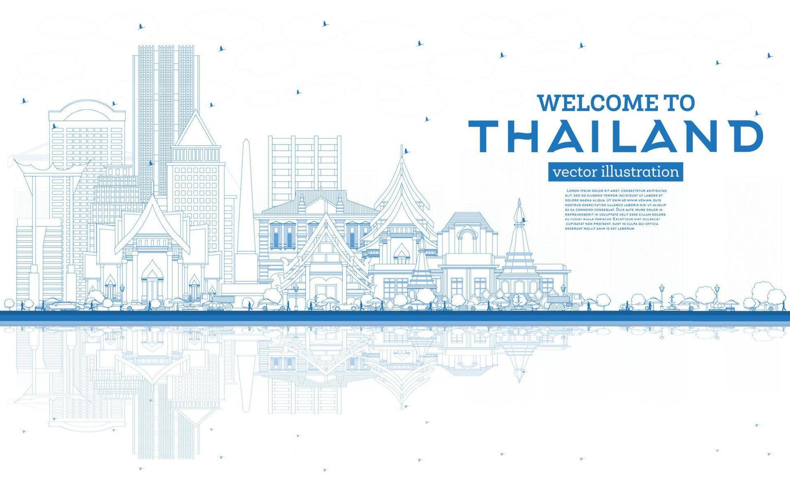 Outline Welcome to Thailand City Skyline with Blue Buildings and Reflections. vector