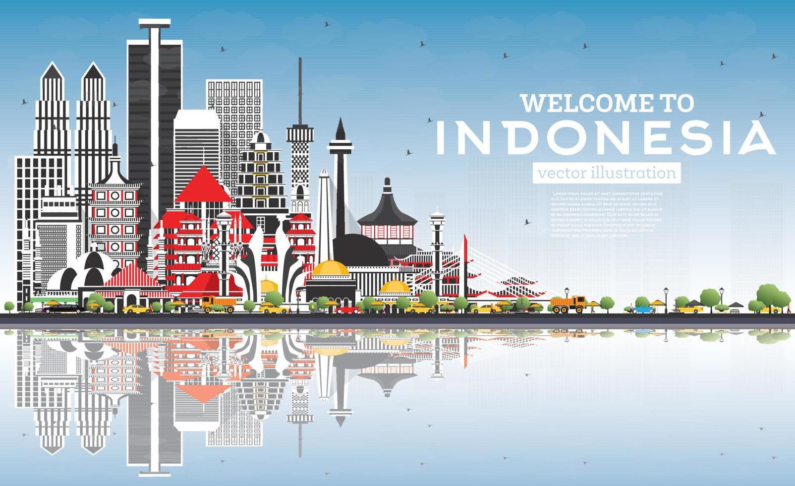 Welcome to Indonesia Skyline with Gray Buildings, Blue Sky and Reflections. vector