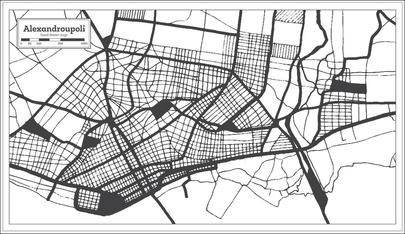 mapa de la ciudad de alexandroupoli grecia en color blanco y negro en estilo retro. esquema del mapa. vector