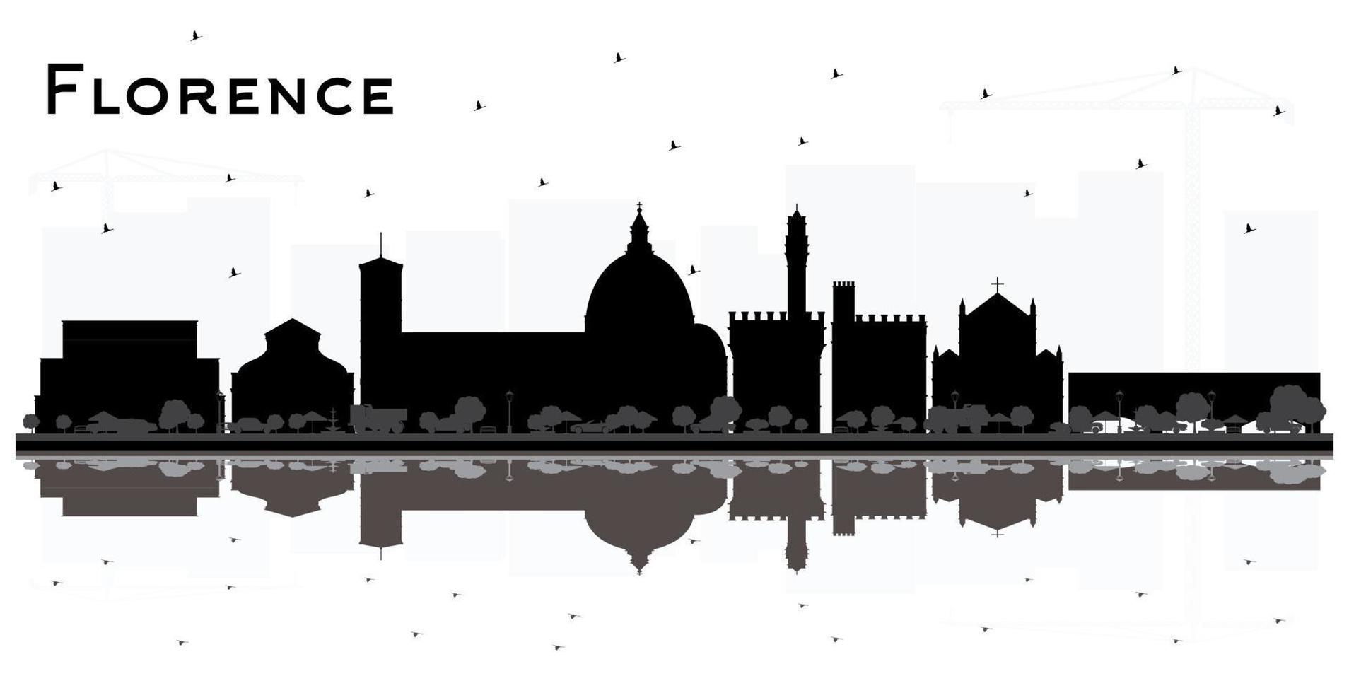 Florence Italy City Skyline Silhouette with Black Buildings and Reflections Isolated on White. vector