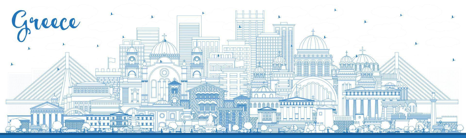 Outline Welcome to Greece City Skyline with Blue Buildings. vector