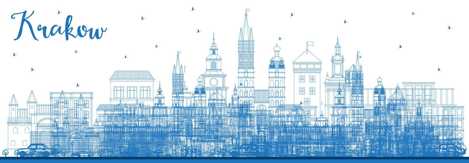 Outline Krakow Poland City Skyline with Blue Buildings. vector