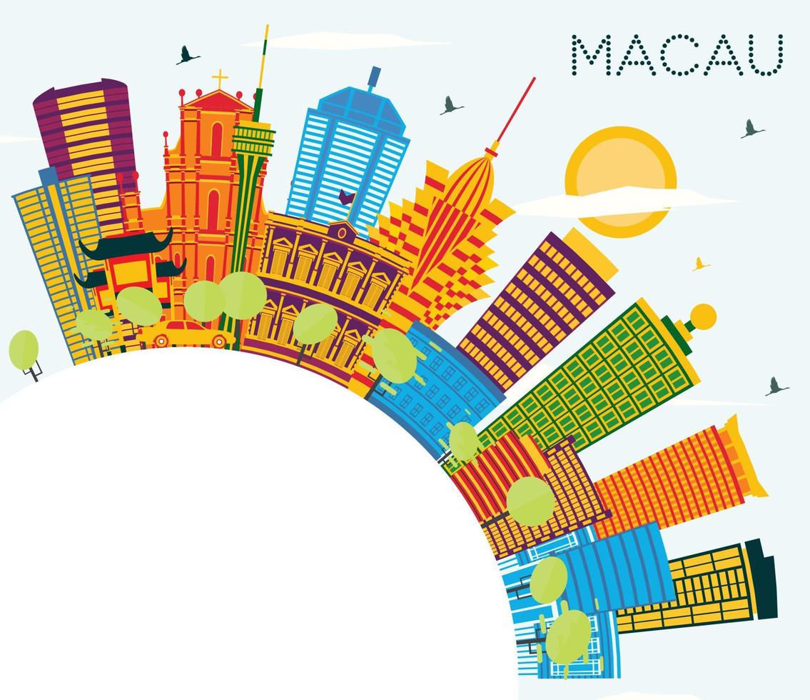 el horizonte de la ciudad de macao china con edificios de color, cielo azul y espacio para copiar. vector